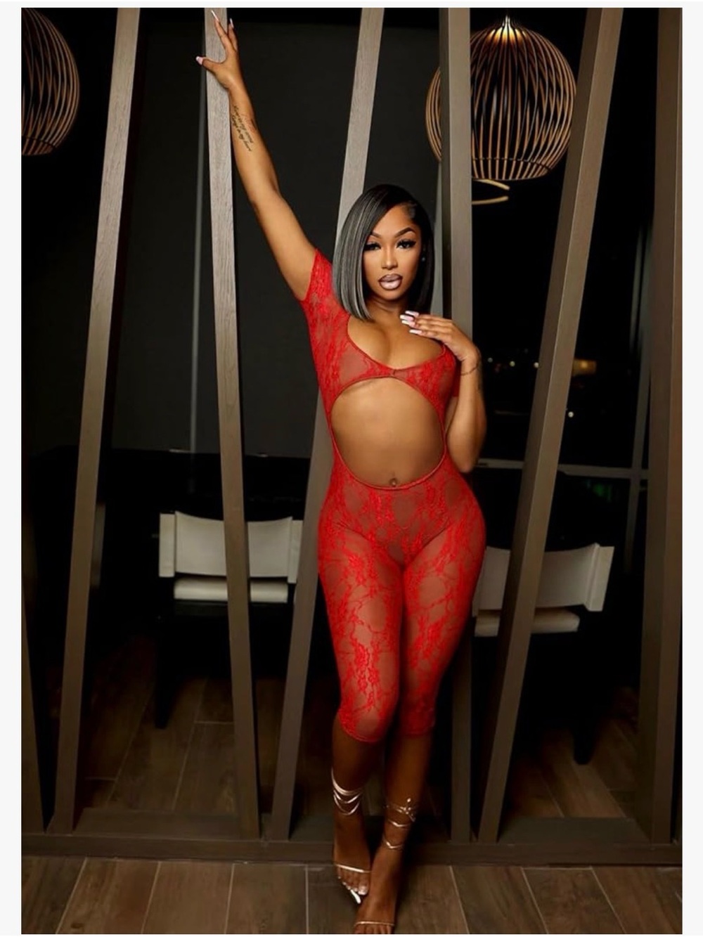 Red Lace Cutout Bodysuit Jumpsuit